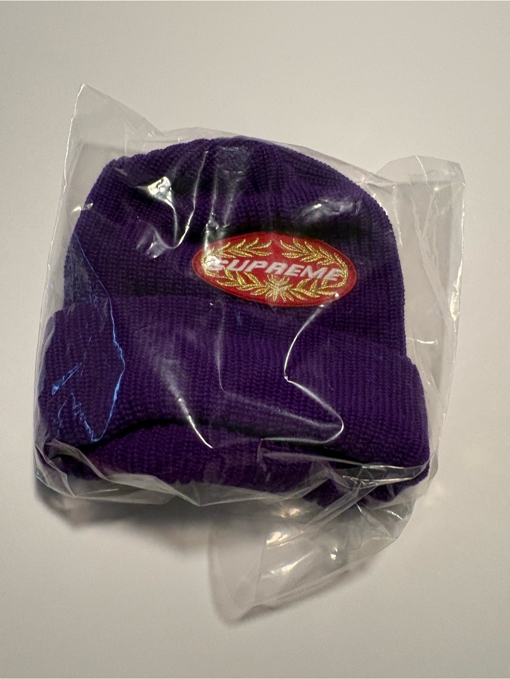 Supreme Purple Beanie with Red & Gold Logo Patch